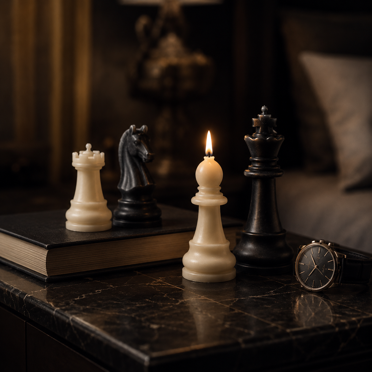 Chess candles styled on a bedside table