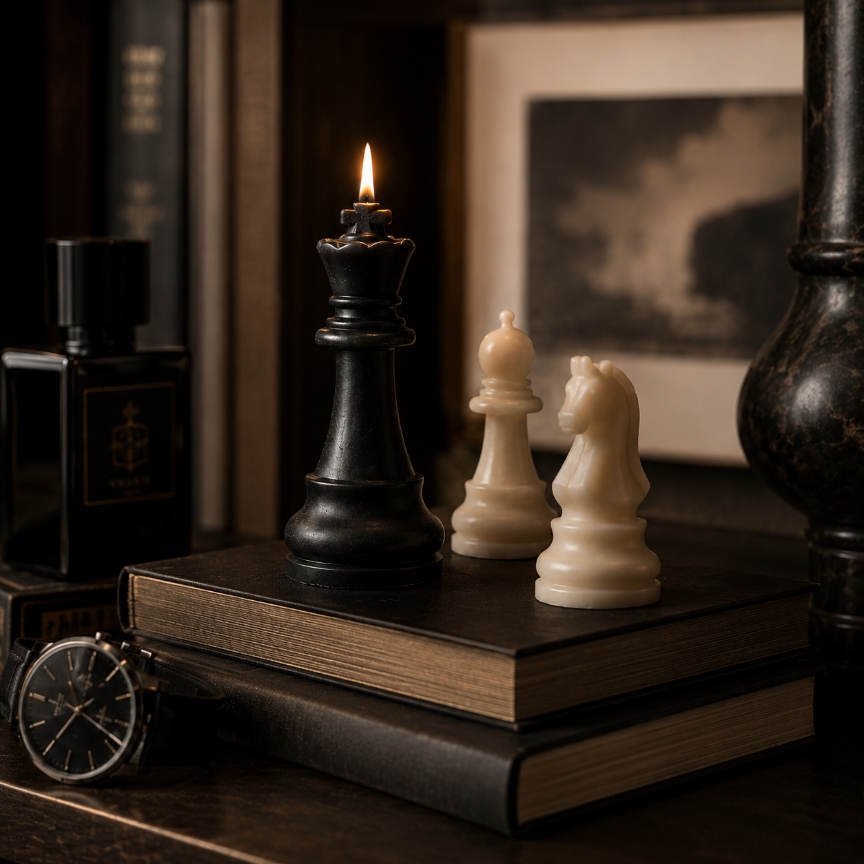 Chess candle styled beside books and perfume