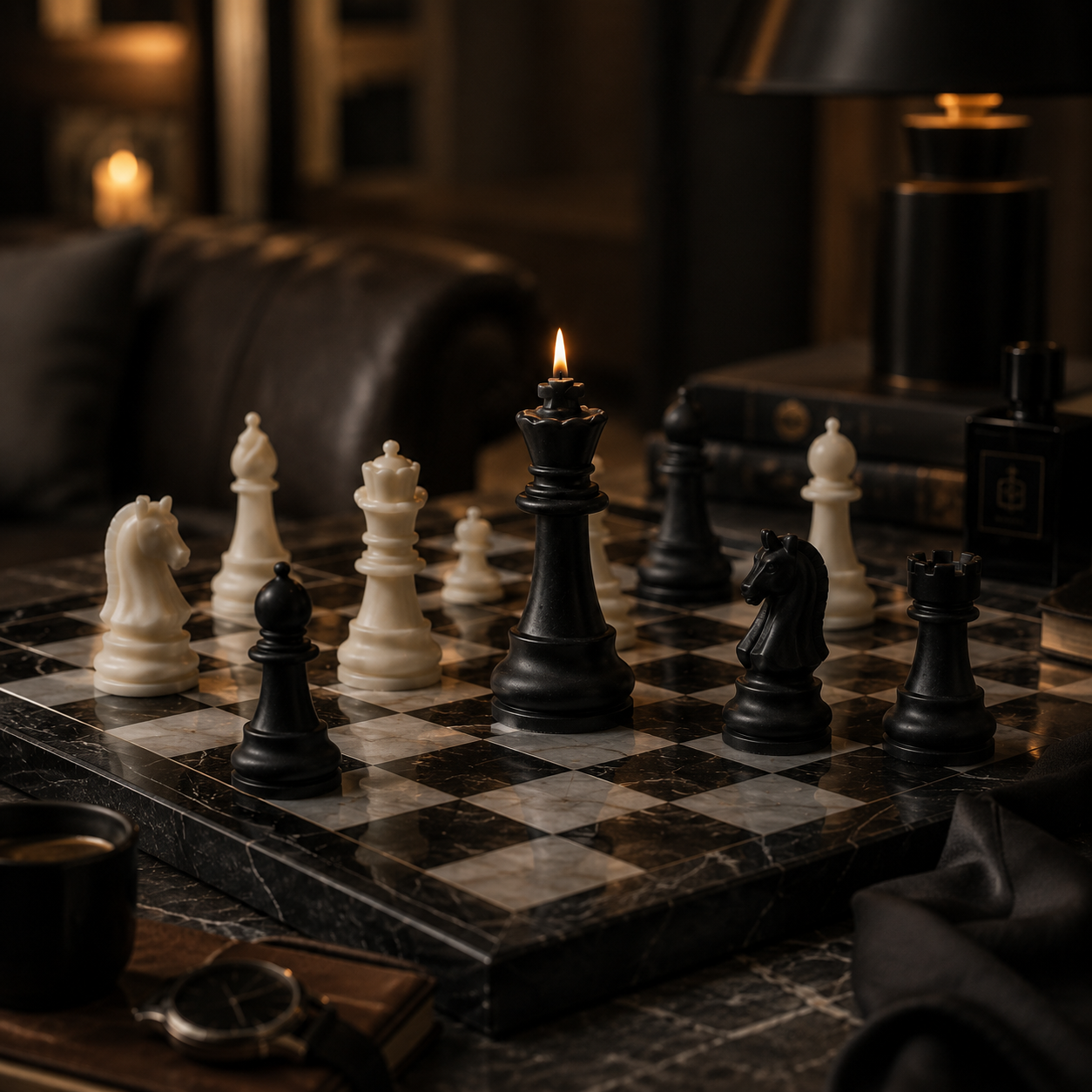 Chess candles displayed across a chess board