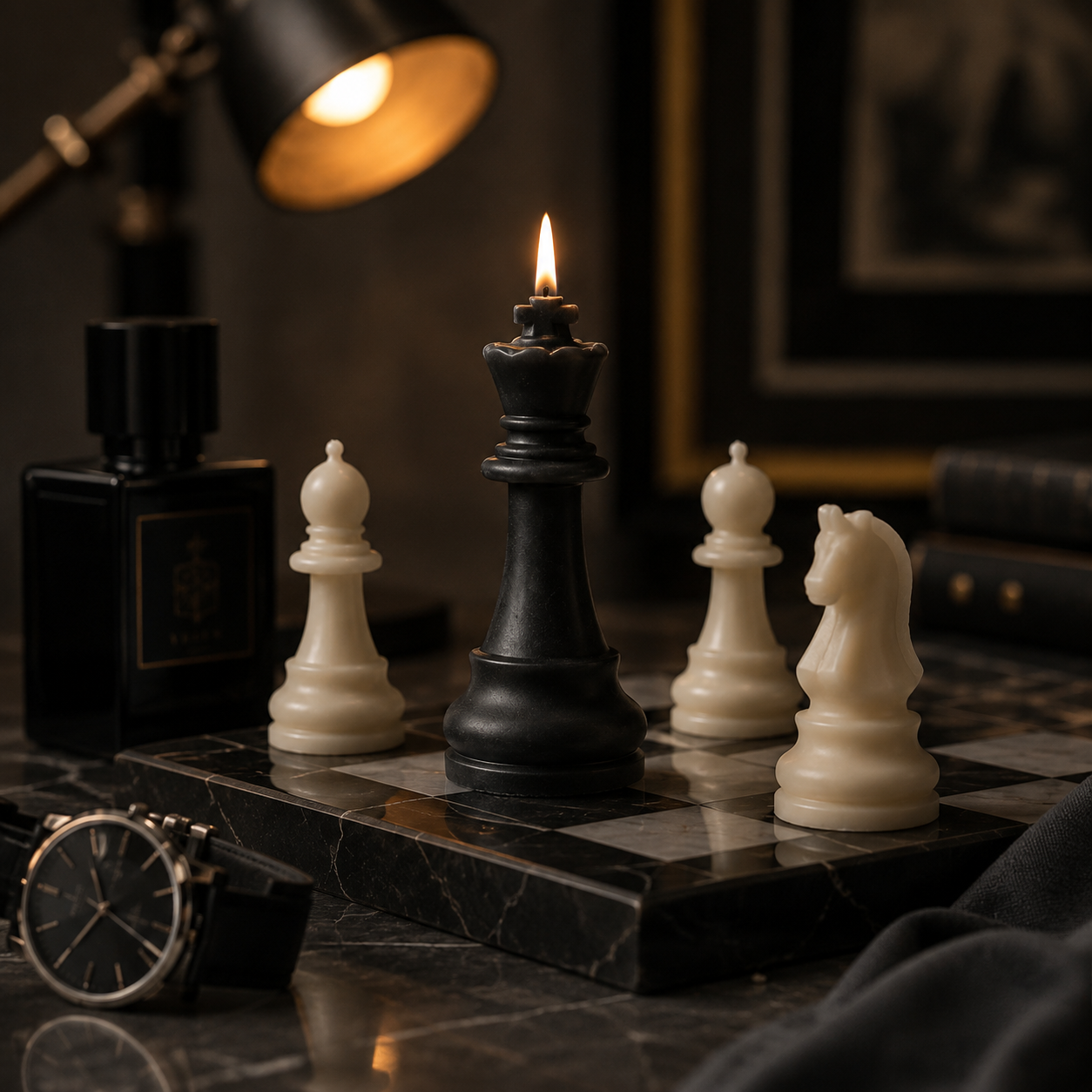 Chess candle styled on a masculine office desk