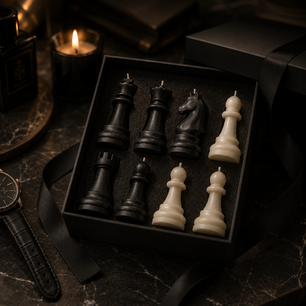 Chess candles arranged inside a black gift box