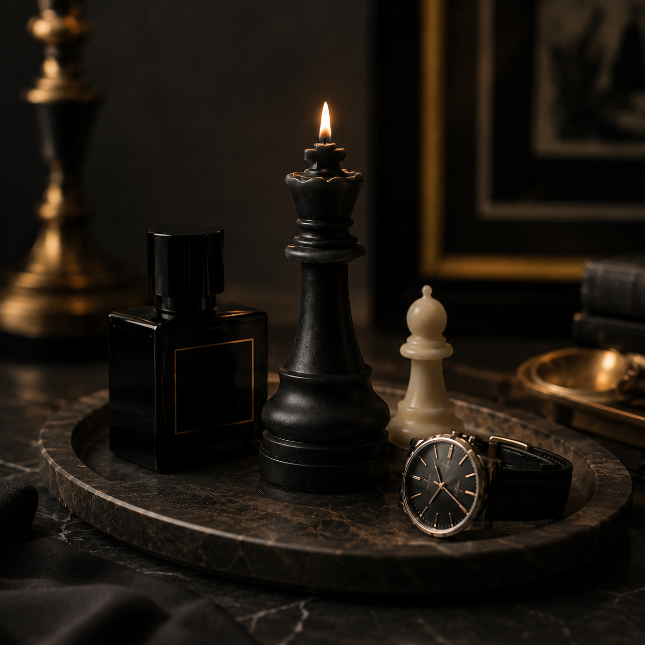 Chess candle styled on a luxury tray with watch and perfume