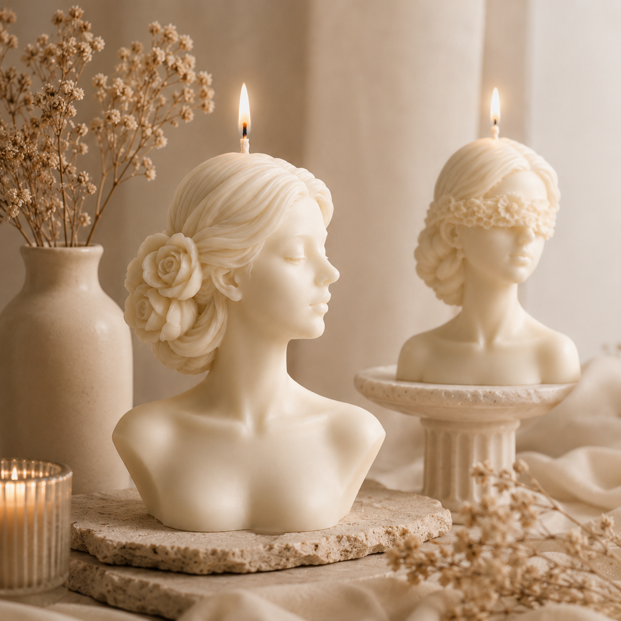 Goddess candles styled as soft home decor
