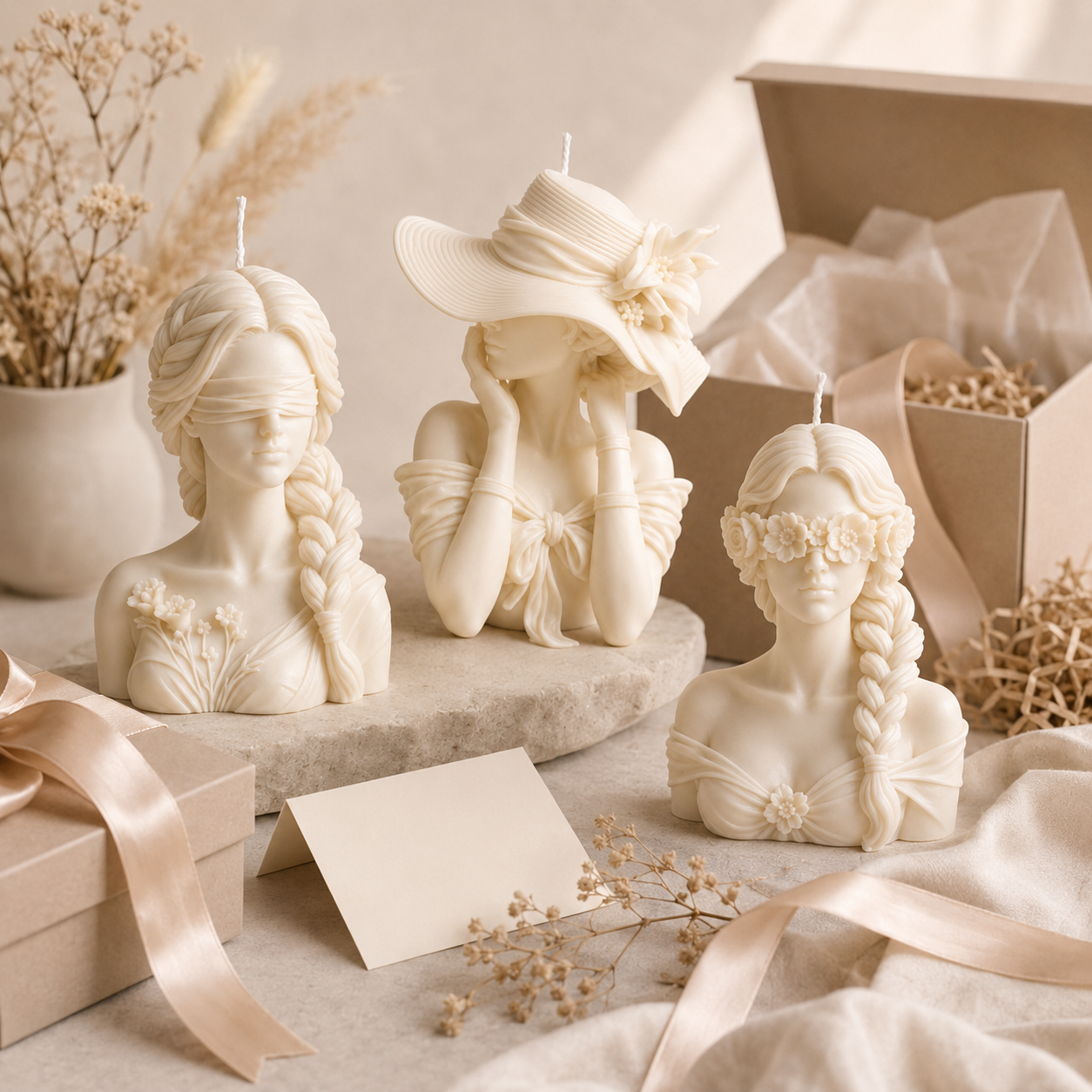 Goddess candles arranged for gifting