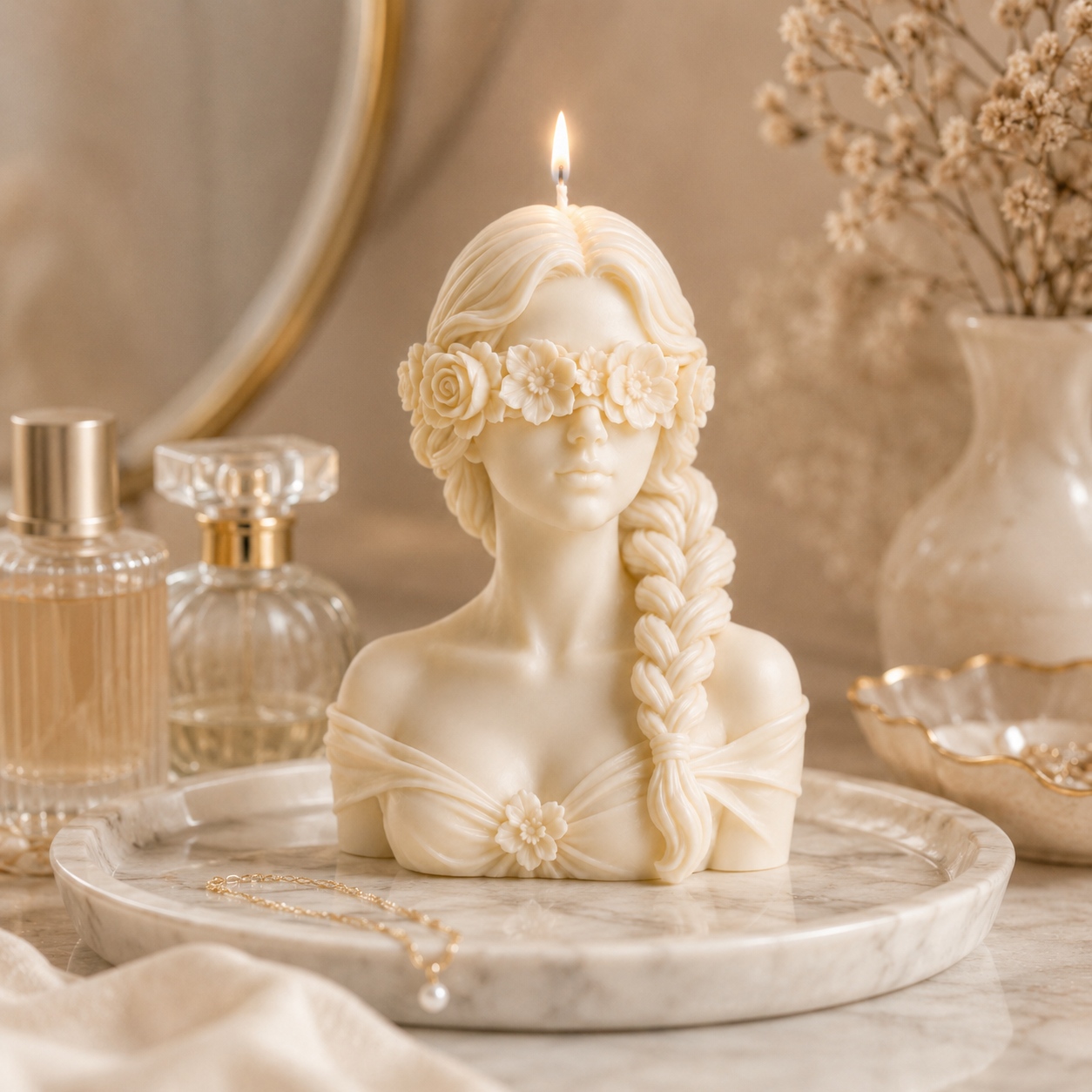 Goddess candle styled beside perfume and vanity details