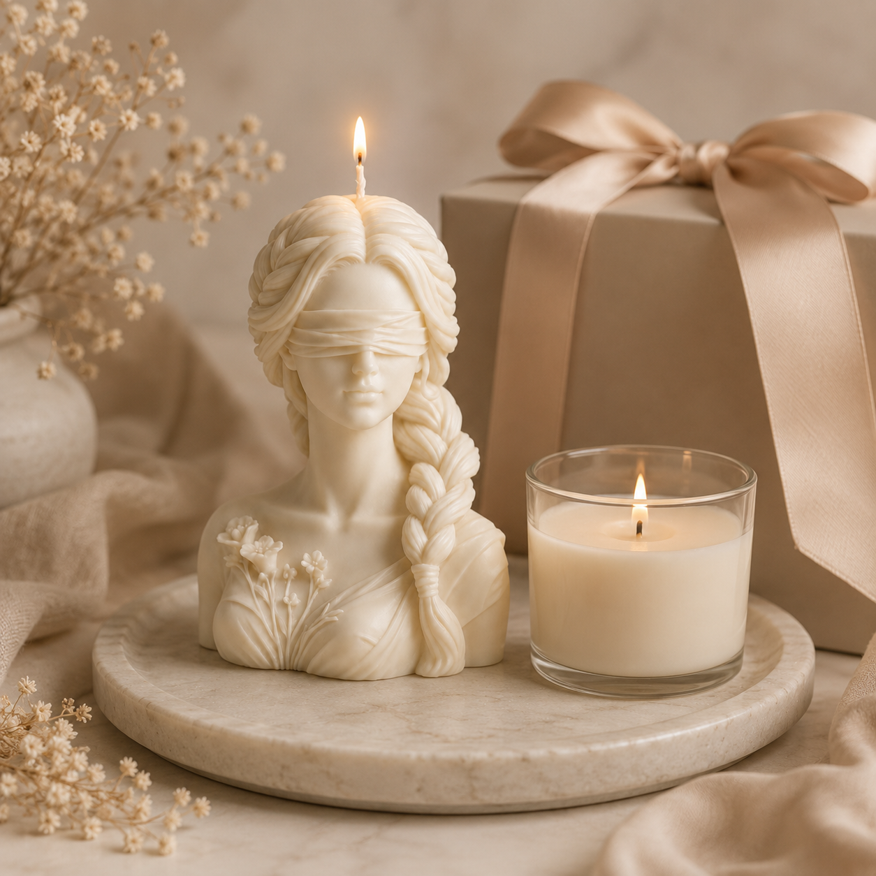 Goddess candle styled with a jar candle and gift box