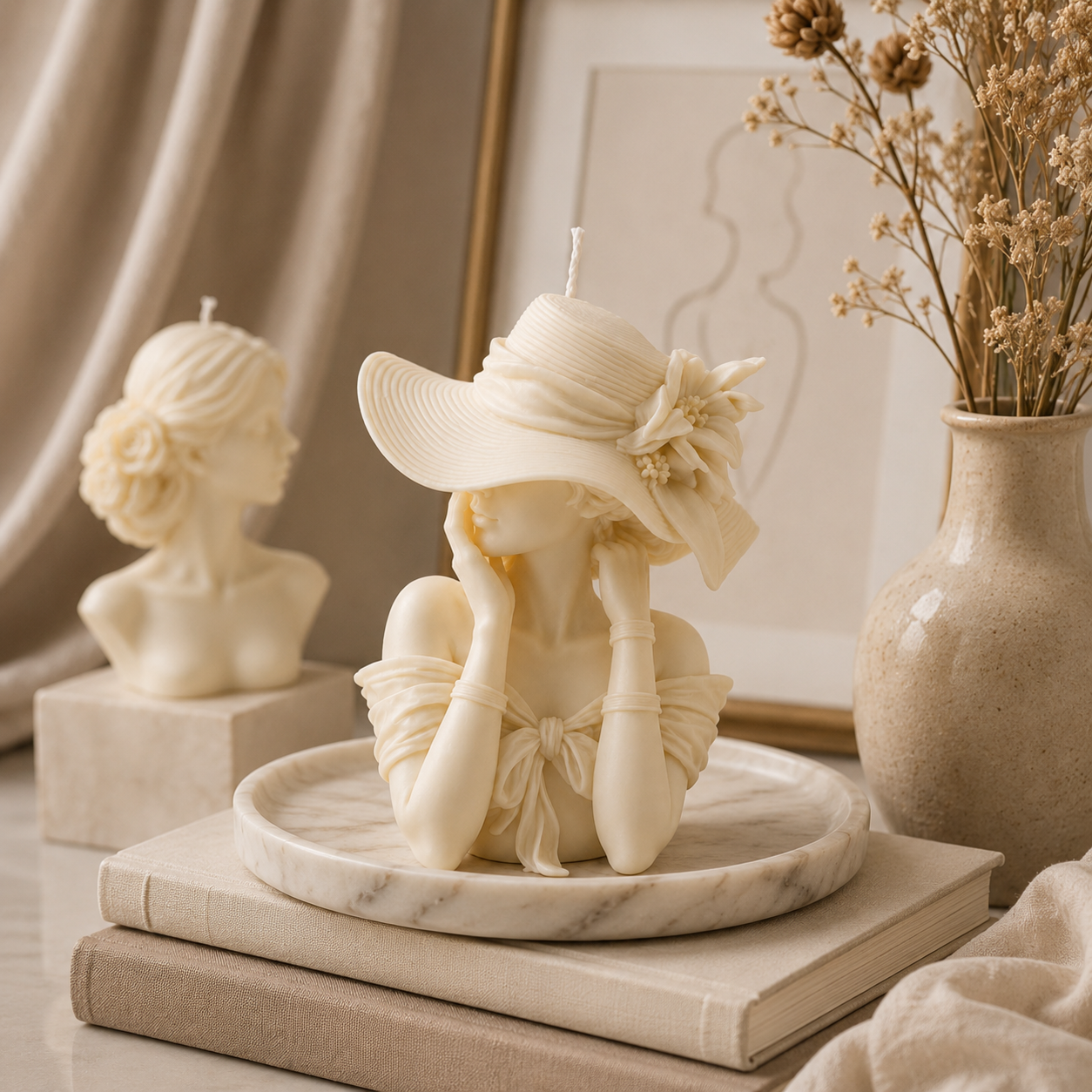 Goddess candle styled on a marble tray