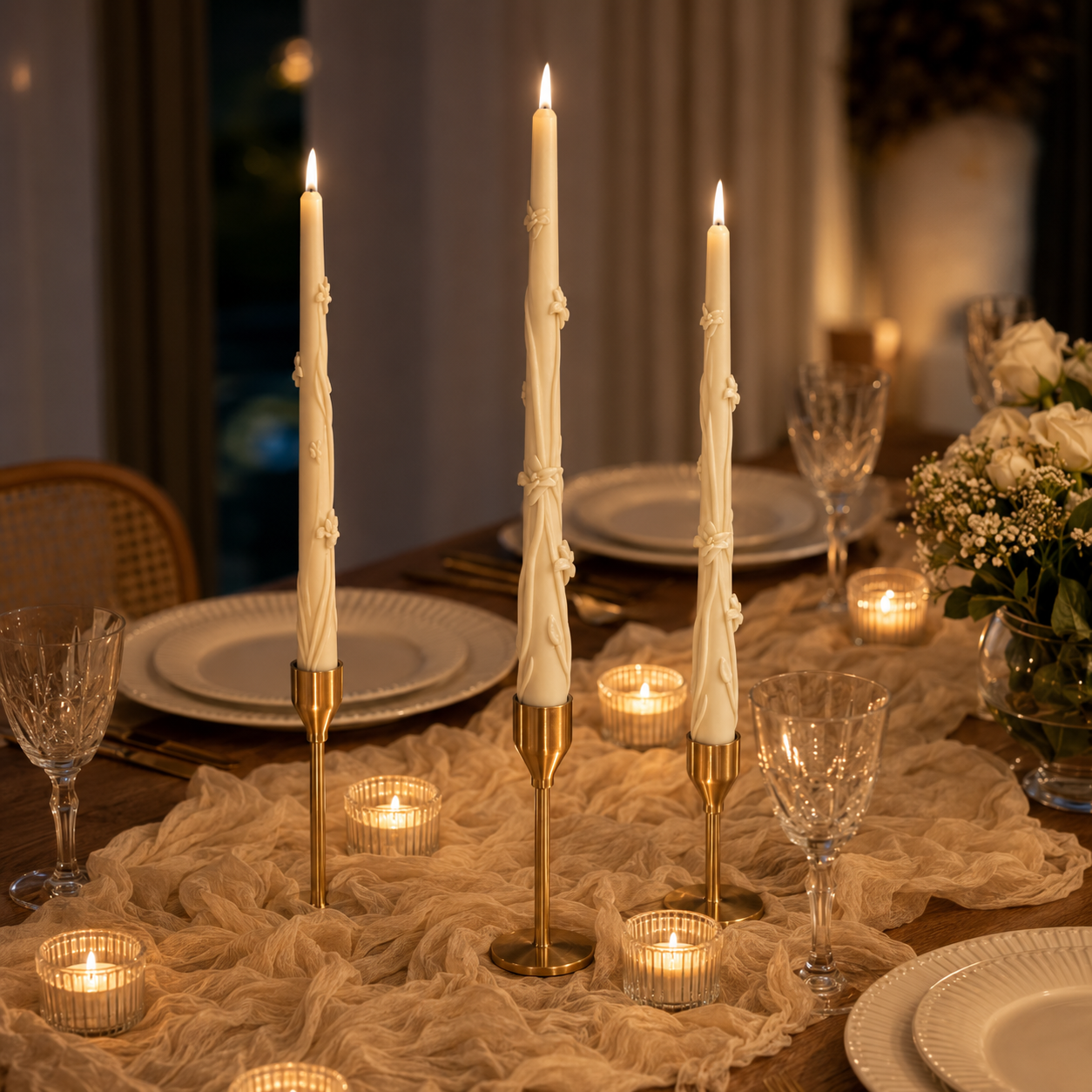 Rod candles styled for a gathering dinner table