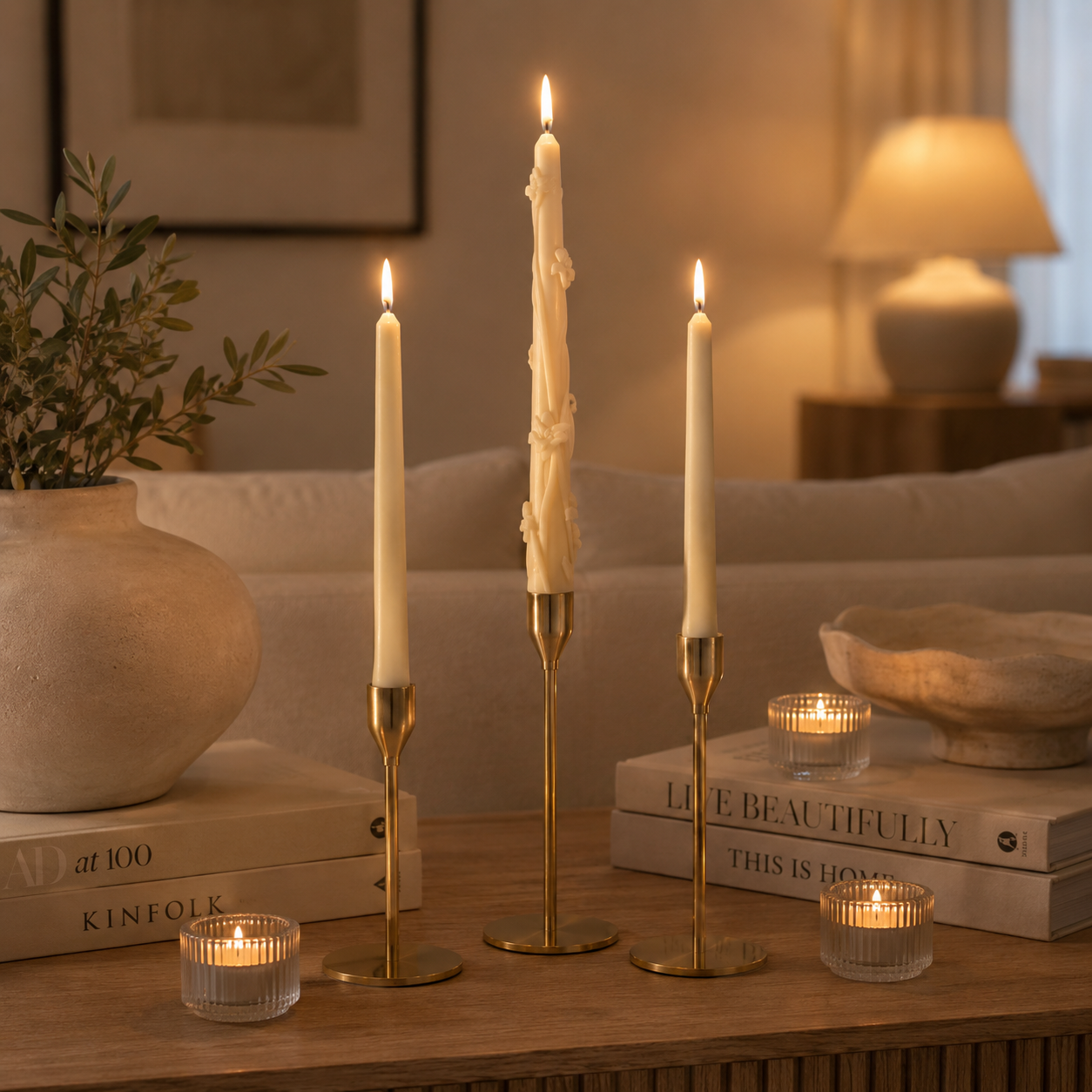 Rod candles styled for a warm movie night setting