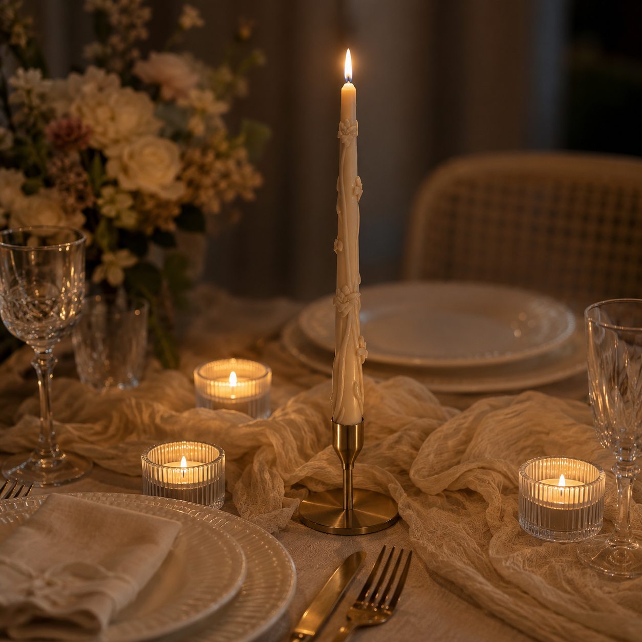 Wavy rod candle styled for romantic dinner