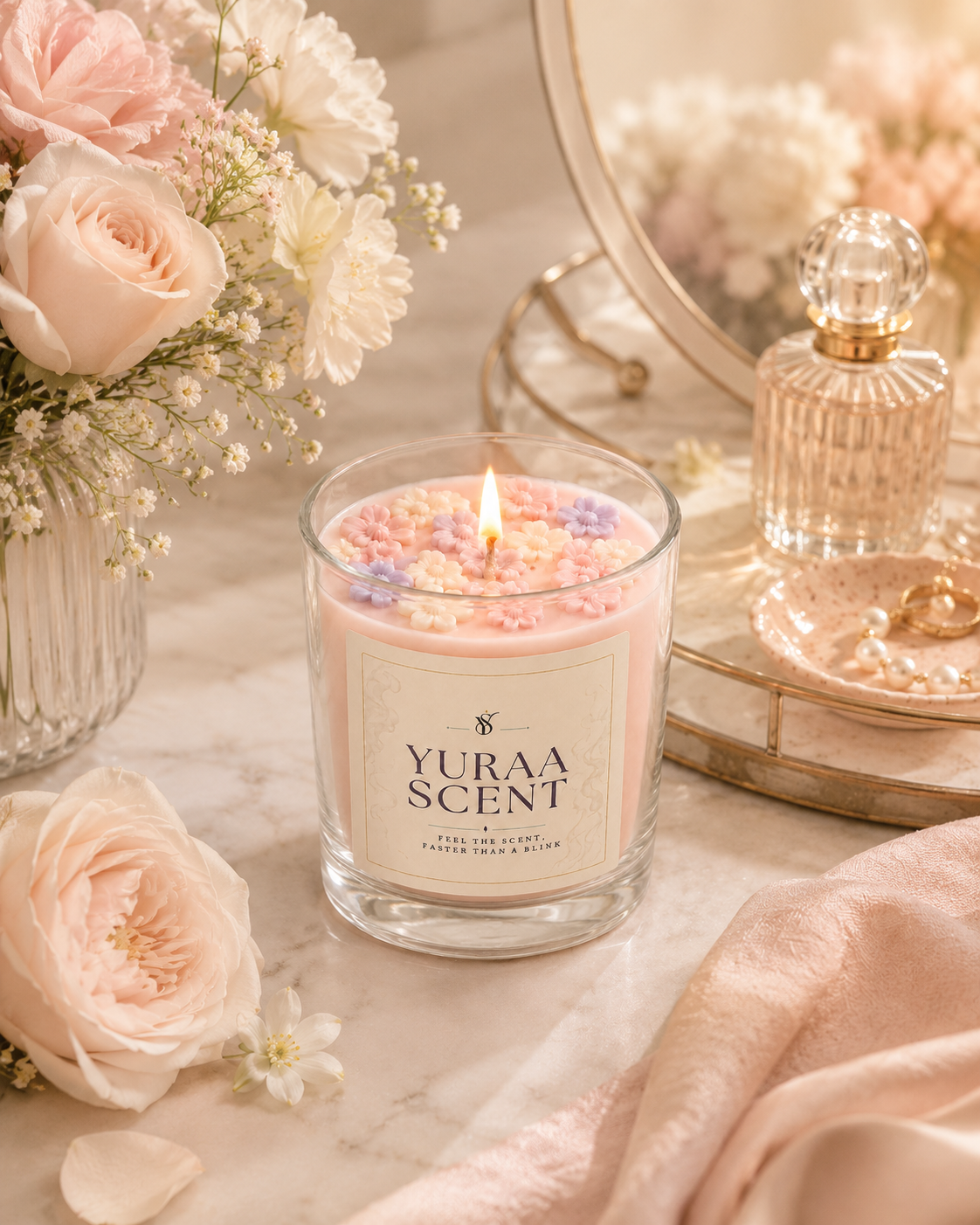 Pink floral jar candle styled with flowers and vanity details