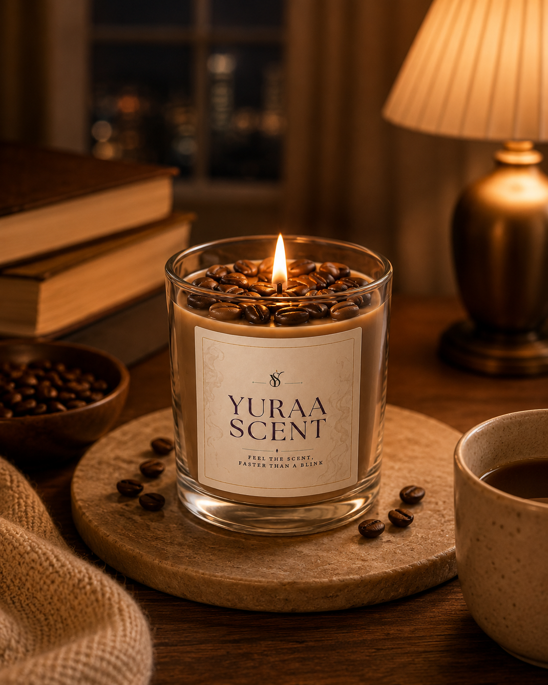Coffee-toned jar candle styled for focus beside books and coffee