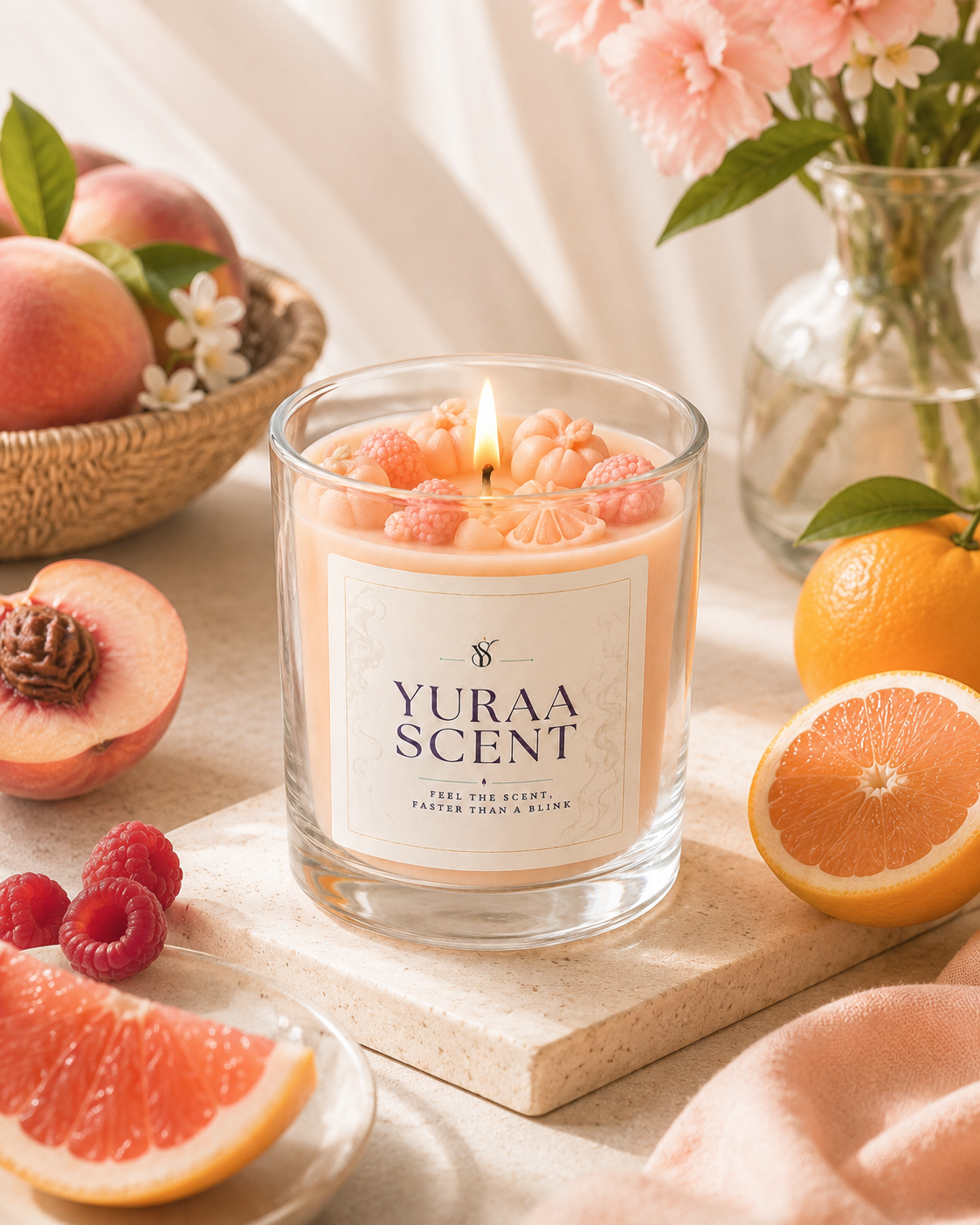 Fresh and fruity Yuraa Scent jar candle with citrus and fruit styling