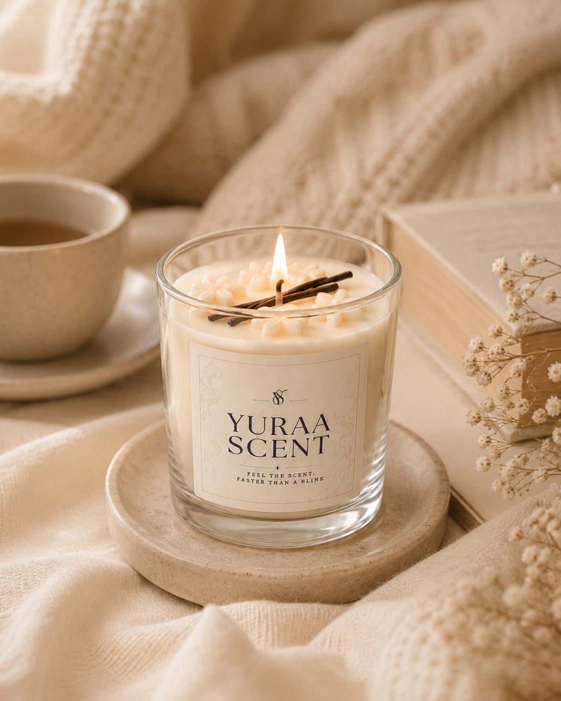 Cream jar candle styled with tea, florals, and soft fabrics