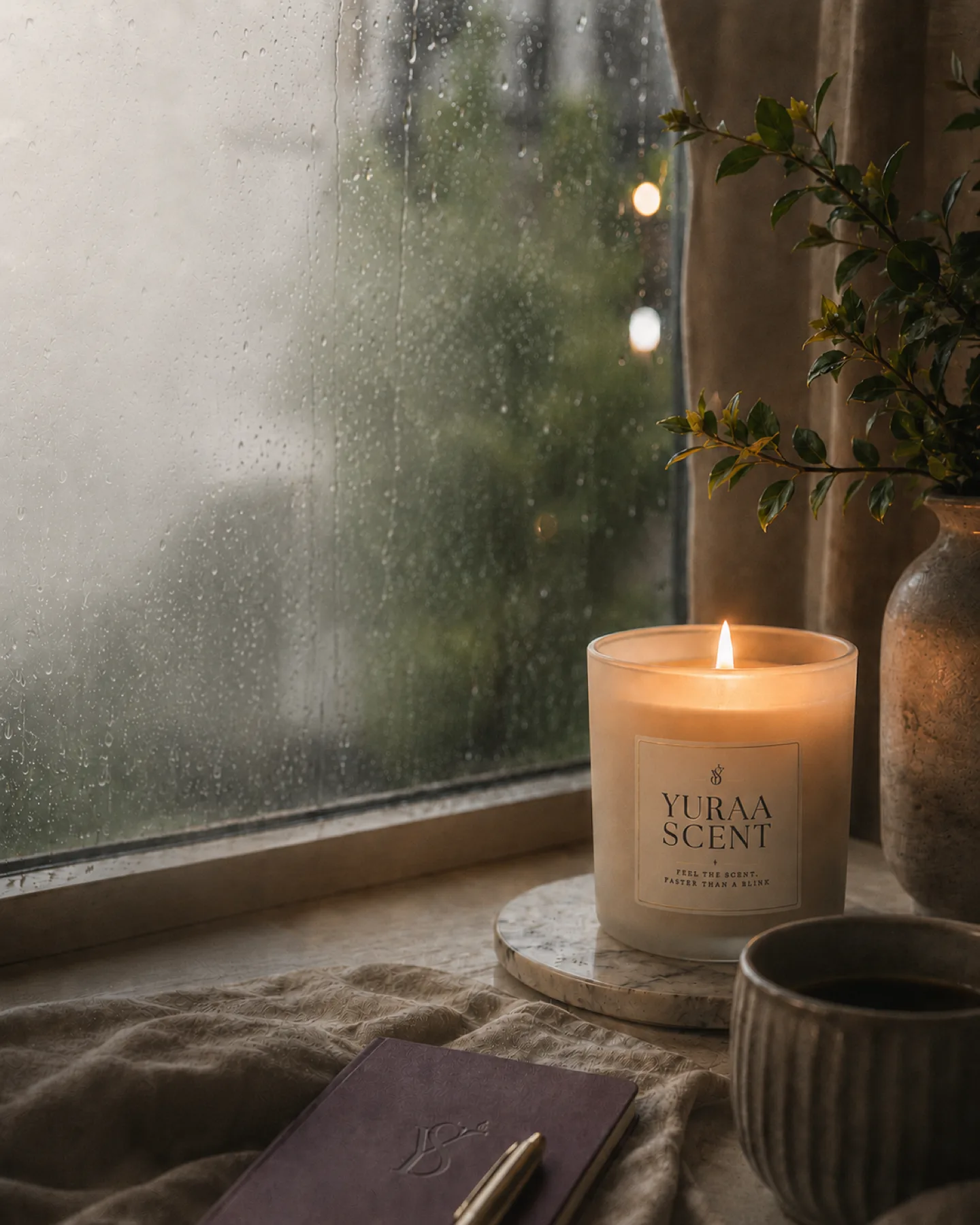 Yuraa Scent candle beside a rainy window