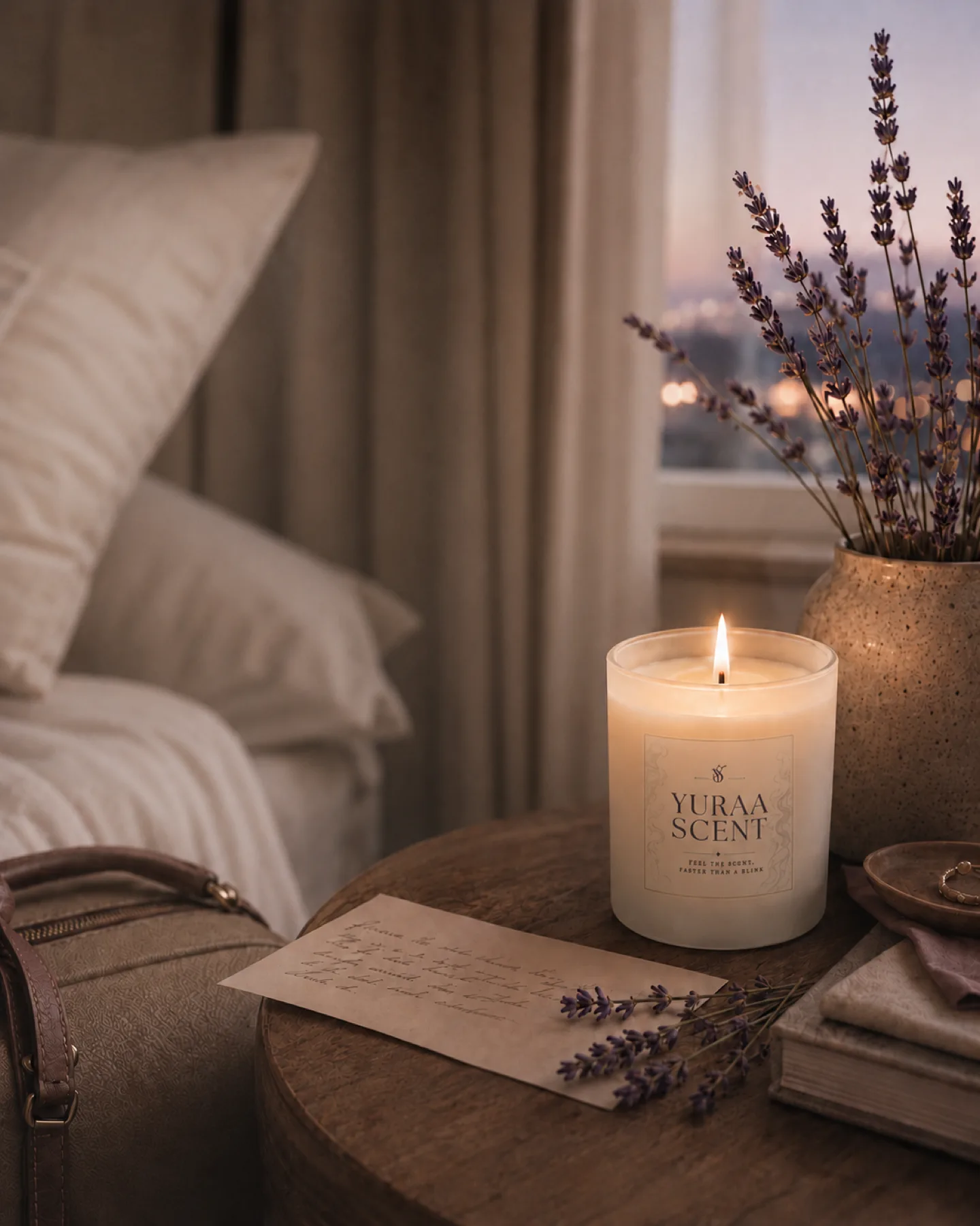 Yuraa Scent lavender candle moment beside a bed