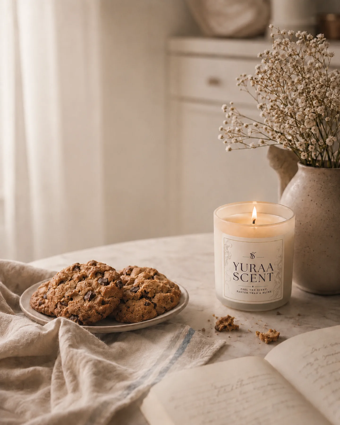 Yuraa Scent candle beside warm cookies and handwritten notes